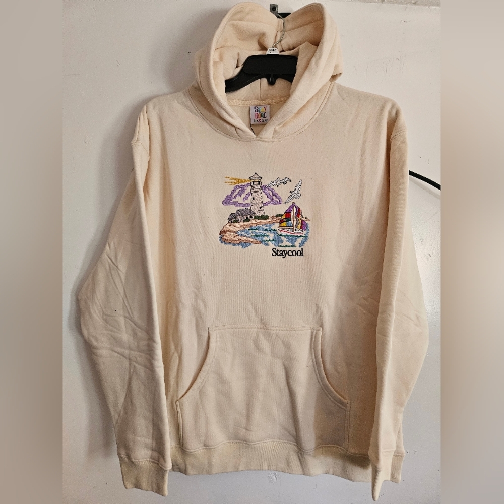 Stay Cool Multicolor Embroidery Men's Pullover Hoodie Size L In Tan/Cream/Multi